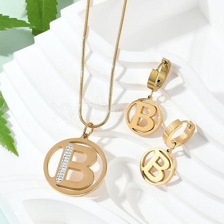 Flat Round with Letter B 304 Stainless Steel Pendant Necklaces & Hoop Earring Jewelry Sets SJEW-L177-08G-1