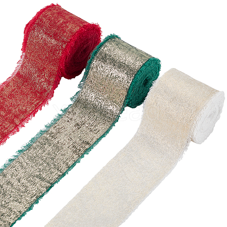 3 Roll 3 Styles Single Face Hot Stamping Polyester Frayed Ribbon OCOR-CP0001-12B-1