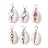 6Pcs 6 Styles Natural Cowrie Shell Copper Wire Wrapped Star & Heart & Round Pendants PALLOY-JF02938-1