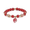 Natural Carnelian(Dyed & Heated) & Strawberry Quartz Beaded Stretch Bracelet with Glass Strawberry Charms for Women BJEW-JB09026-1