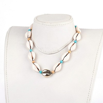 Adjustable Cowrie Shell and Synthetic Turquoise Beaded Necklaces NJEW-JN02300-02-1