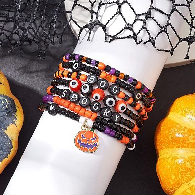 7Pcs 7 Styles Evil Eye & Word Glass & Lampwork Beaded Stretch Bracelet Sets BJEW-JB10447-1