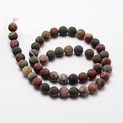 Natural Polychrome Jasper/Picasso Stone/Picasso Jasper Frosted Bead Strands G-O155-03A-10mm-1