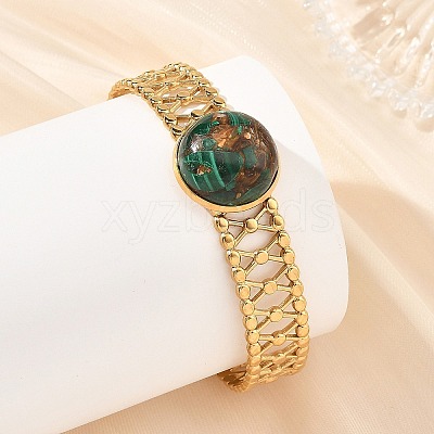 Synthetic Bronzite and Malachite Half Round 304 Stainless Steel Hollow Cuff Bangle for Women BJEW-JB14491-01-1