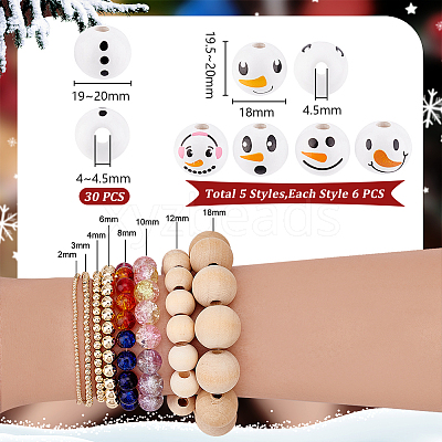 Round Christmas Snowman Print Wood European Beads WOOD-PH0003-25-1