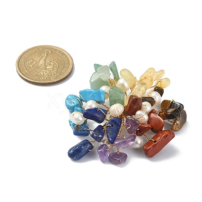 Natural Mixed Gemstone Chips & Pearl Beaded Flower Brooch Pin JEWB-BR00106-1