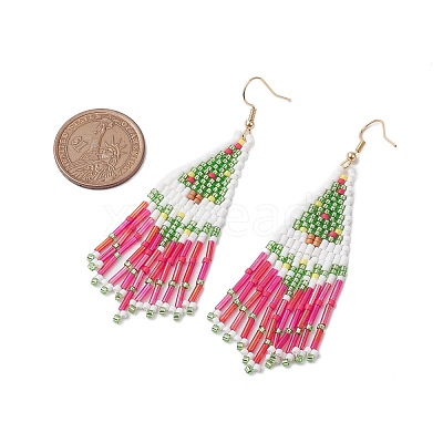 Christmas Tree Glass Seed Beaded Tassel Dangle Earrings for Women EJEW-MZ00207-1