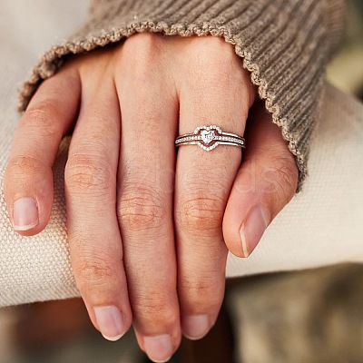 2Pcs Heart 925 Sterling Silver Micro Pave Clear Cubic Zirconia Finger Rings for Women FS-WG4005F-05-1