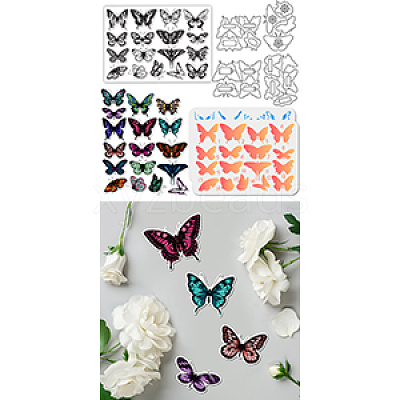 4Pcs Butterfly Carbon Steel Cutting Dies Stencils with PET Hollow Out Drawing Painting Stencils Sets & 1Pc PVC Plastic Stamps DIY-GL0004-149-1
