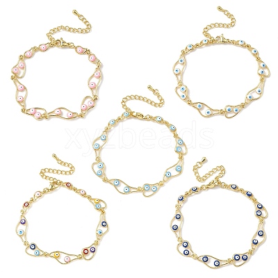 Brass Enamel Flat Round Evil Eye Link Chain Bracelets for Women BJEW-G764-01G-1