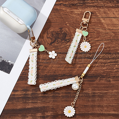 12Pcs 3 Style Alloy Enamel Mobile Straps Pearl Flower Lanyard Wrist KEYC-DR0001-12-1