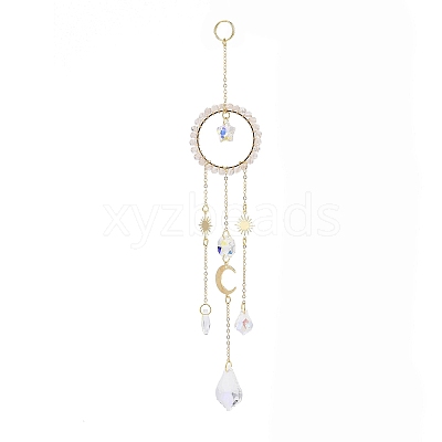Natural Rose Quartz Woven Net/Web with Feather Window Hanging Suncatchers HJEW-JM00852-01-1