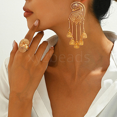 Hollow Flower Alloy Stud Dangle Earrings & Cuff Rings Sets for Women FS-WG1AAB0-01-1