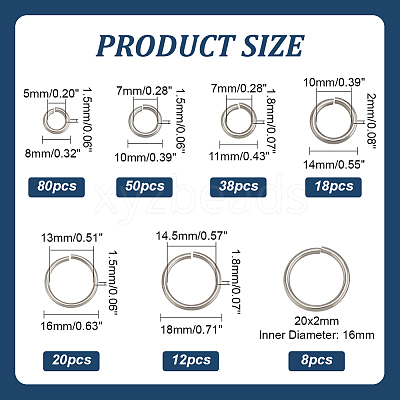 226Pcs 7 Styles 304 Stainless Steel Open Jump Rings STAS-PH0005-53-1
