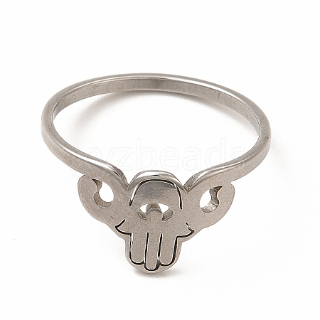 Non-Tarnish 304 Stainless Steel Hollow Out Hamsa Hand Finger Ring for Women RJEW-K239-12P-1