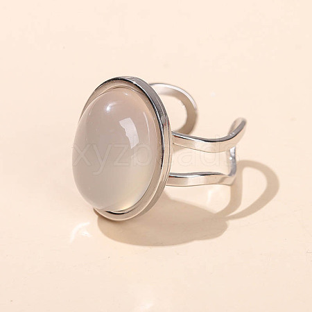 304 Stainless Steel & Natural White Jade Cuff Rings FS-WGDE3F0-02-1