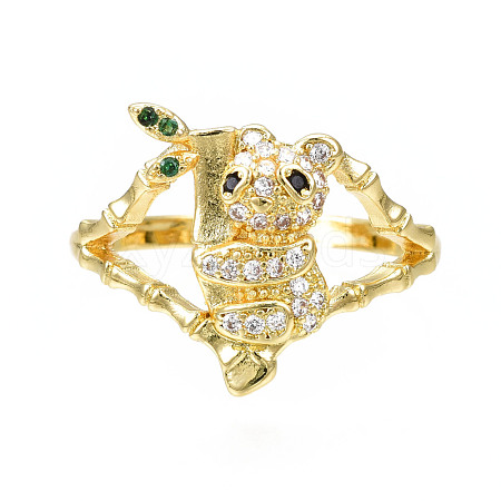 Cubic Zirconia Panda with Bamboo Open Cuff Ring RJEW-N037-011-1