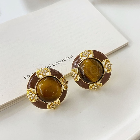 Flat Round Brass Tiger Eye Stud Earrings EJEW-B120-05G-01-1