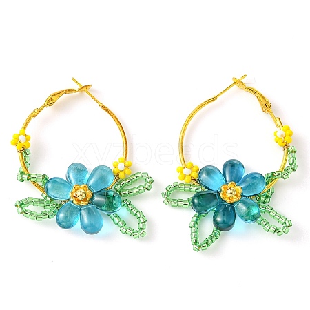 Woven Glass Flower Huggie Hoop Earring EJEW-MZ00235-01-1