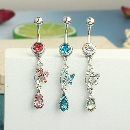 304 Stainless Steel Cubic Zirconia Teardrop Dangle Belly Rings WG60E11-01-1