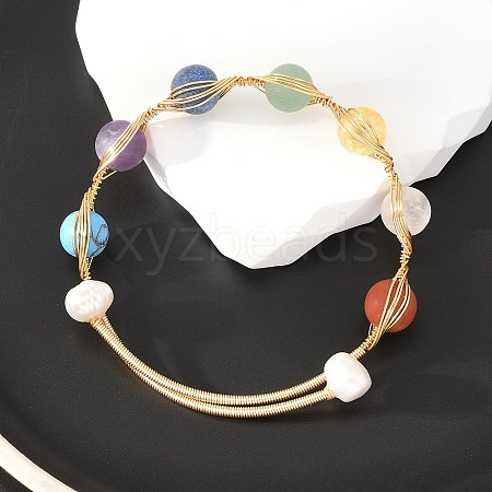 Round Mixed Gemstone Braided Bangle with Natural Pearl BJEW-JB08000-1