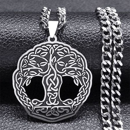 304 Stainless Steel Enamel Tree of Life Trinity Knot Pendant Necklaces NJEW-G115-09P-1