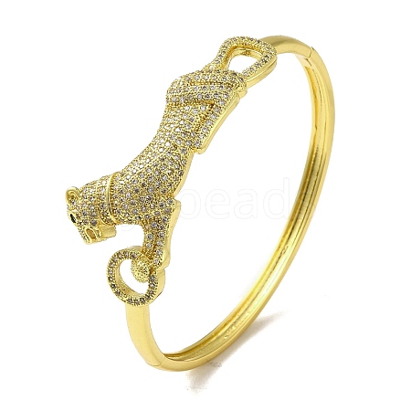 Brass Pave Clear & Green Cubic Zirconia Leopard Hinged Bangle for Women BJEW-K246-21D-G-1