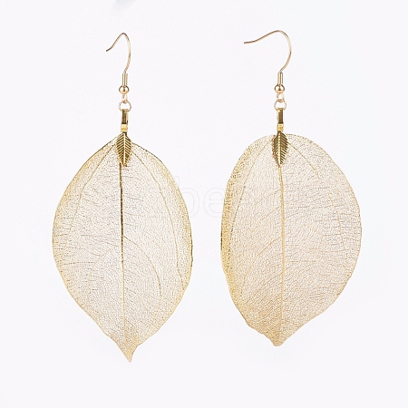 Brass Plated Natural Leaf Dangle Earrings EJEW-JE02654-1