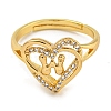 Heart with Letter Rack Plating Brass Micro Pave Clear Cubic Zirconia Adjustable Rings for Women RJEW-I105-01G-W-2