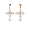 Natural Pearl Beaded Cross Dangle Stud Earrings EJEW-JE05257-1
