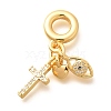 Brass Clear Cubic Zirconia Cross & Eye & Heart European Dangle Charms KK-U048-21G-1