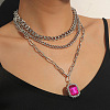 3Pcs Elegant Alloy Fuchsia Rhinestone Rectangle Pendant 3 Layer Necklaces Sets QV2693-2-3