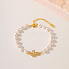 Fashionable Cross Brass Crystal Rhinestone & Imitaiton Pearl Braided Bead Bracelets for Women DV0214-1-1