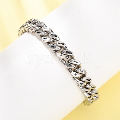 304 Stainless Steel Engraved Beast & Christian Upside Down Cross Cuban Link Chain Bracelets for Women Men BJEW-F529-17P-1