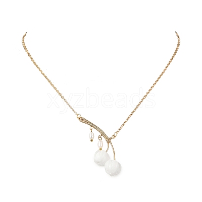 Handmade Lampwork & Cultured Freshwater Pearl Flower Pendant Brass Cable Chain Necklaces for Women NJEW-TA00259-1