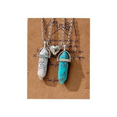 2Pcs 2 Style Synthetic Turquoise Hexagon Pendant Necklaces Set PW-WG74128-06-1