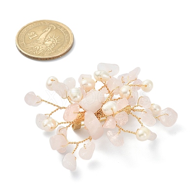 Natural Rose Quartz Chips & Pearl Beaded Flower Brooch Pin JEWB-BR00098-03-1