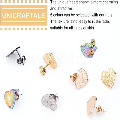 30Pcs 5 Colors Heart Shape with Textured PVD Vacuum Plating 304 Stainless Steel Stud Earring Findings EJEW-UN0001-62-1