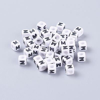 White Letter M Acrylic Cube Beads X-PL37C9308-M-1
