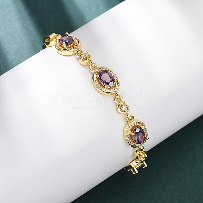 Oval Brass Micro Pave Cubic Zirconia Link Chain Bracelets for Women BJEW-D387-04G-1