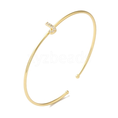 Rack Plating Brass Micro Pave Clear Cubic Zirconia Letter Open Cuff Bangles BJEW-A018-01G-J-1