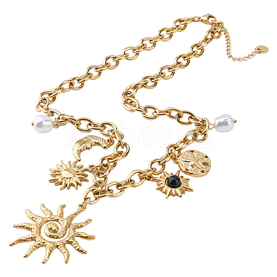 1Pc 304 Stainless Steel Resin & Plastic Pearl Sun Pendant Bib Necklaces NJEW-HS0001-24-1