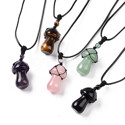 Natural Gemstone Mushroom Pendant Necklace NJEW-E065-01-1