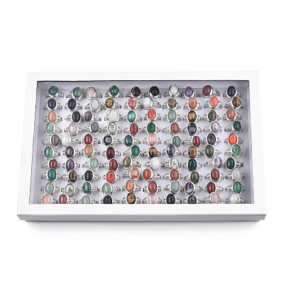 Natural Mixed Gemstone Oval Finger Rings RJEW-N044-03-1