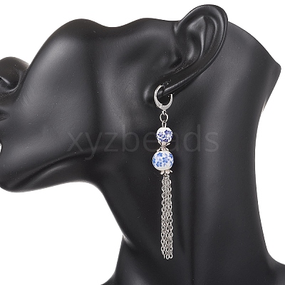 Handmade Flower Printed Porcelain Ceramic Beads Leverback Earrings EJEW-JE06893-1