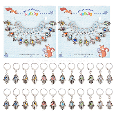 Alloy Hamsa Hand Pendant Locking Stitch Markers with Handmade Evil Eye Lampwork HJEW-PH01888-1