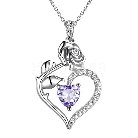 Rhodium Plated 925 Sterling Silver Pave Cubic Zirconia Rose Heart Birthstone Pendant Cable Chain Necklaces PW-WGEE50C-06-1