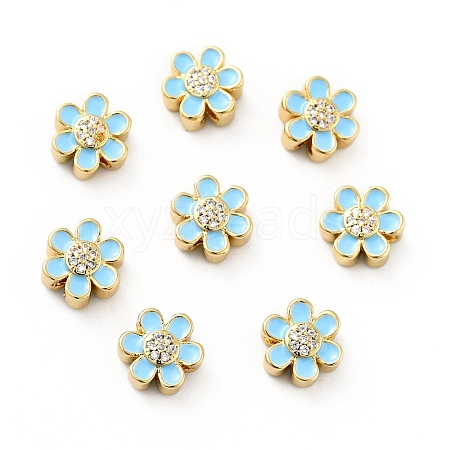 Flower Brass Micro Pave Clear Cubic Zirconia Beads KK-G419-06G-06-1