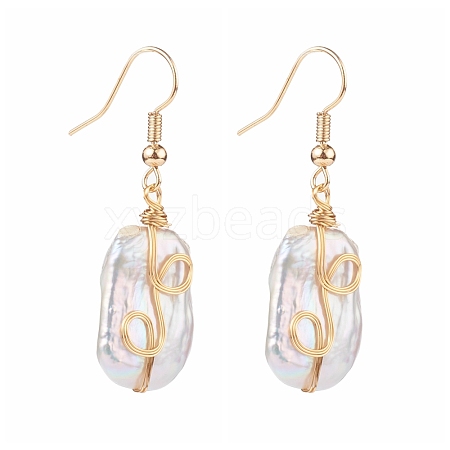 Wire Wrapped Natural Baroque Pearl Keshi Pearl Dangle Earrings EJEW-JE04506-01-1