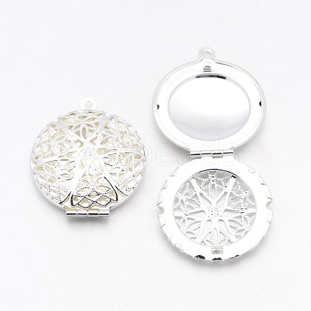 Flat Round Brass Diffuser Locket Pendants X-KK-J010-S-1